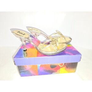 LEI Sarinna Gold Clear Lucite Kitten HeelSlide Sandal Bow Rhinestone Women 7
360